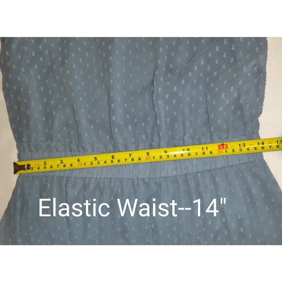 Express Blue Mini Dress SMALL Tiered Ruffles Swiss Squares Sheer Lined Keyhole - Picture 15 of 16